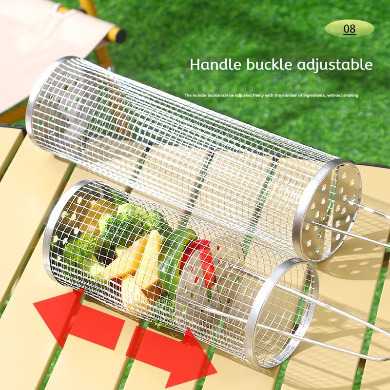 Hordozható rozsdamentes acél barbecue ketrecek grillkosár kemping piknik edények kültéri kerek BBQ tábortűz rács gördülő grill kosár