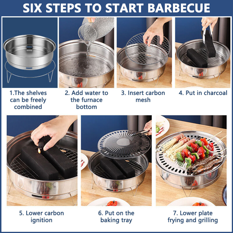Vonkajší okrúhly gril na drevené uhlie z nehrdzavejúcej ocele, prenosný odnímateľný kórejský gril na kempovanie, piknik, vonkajšiu domácu kuchyňu