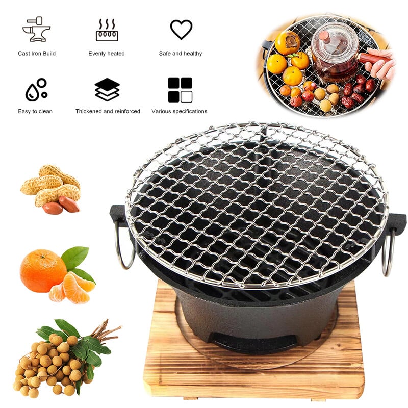 Liatinový okrúhly gril Hibachi, malý prenosný kórejský gril na drevené uhlie na vonkajšie stolové kempovanie, grilovanie, príprava čaju