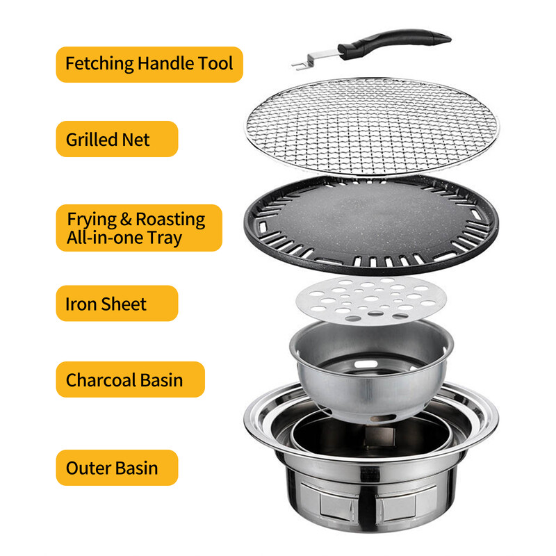 13 collu korejiešu BBQ grils, daudzfunkcionāls kokogļu grila grils, apaļš kempinga grila plīts galda smēķētājs, grils, grilēts tīkls