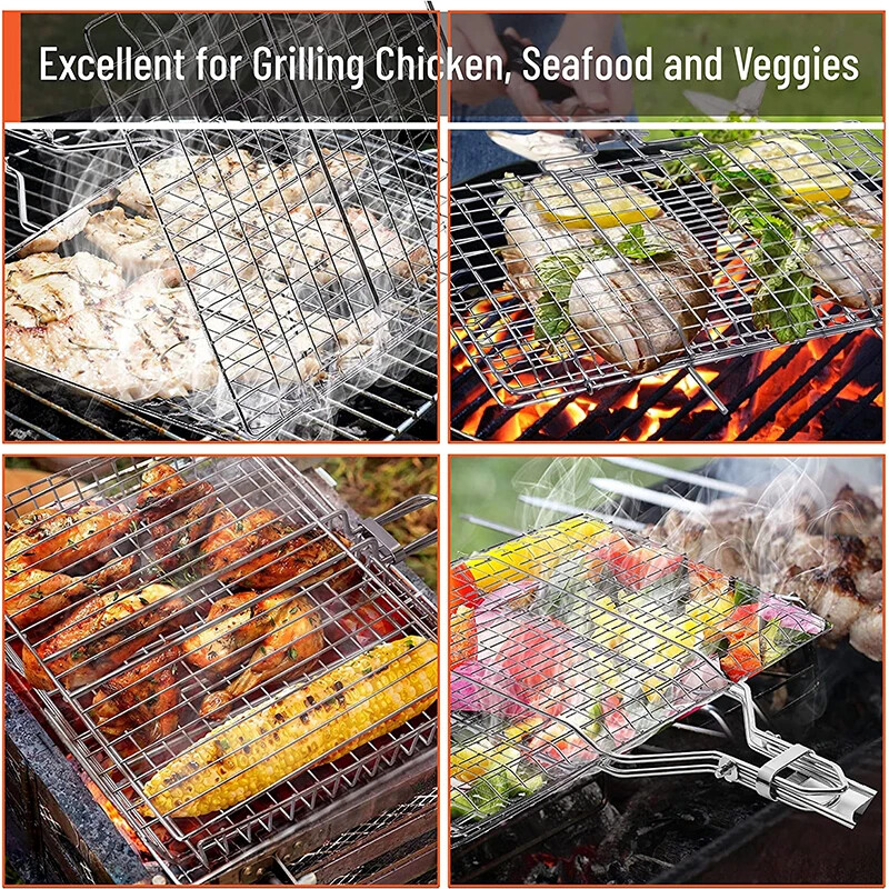 Összecsukható grillkosár Hordozható rozsdamentes acél BBQ grillsütő kosár kivehető fogantyúval Steak halkosár JT59