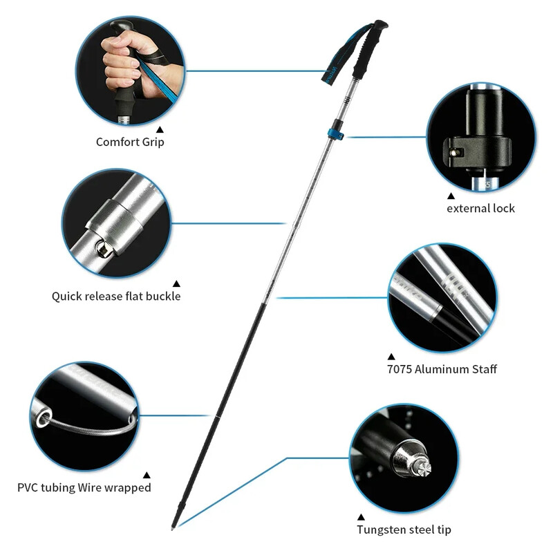 Naturehike Trekingové palice Ultraľahké skladacie 1 ks turistická palica Prenosná hliníková turistická teleskopická palica Kempovacia vychádzková palica