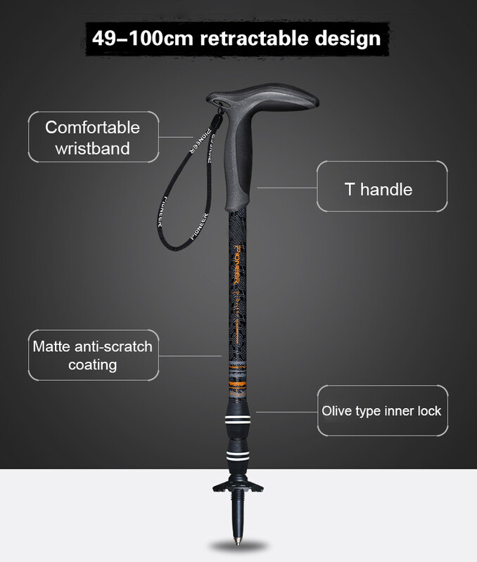 1 vnt. anglies pluošto lazda, 49–100 cm, trumpa teleskopinė vidinė užrakto T formos rankena Laipiojimo į kalnus ramentais lauko žygiai