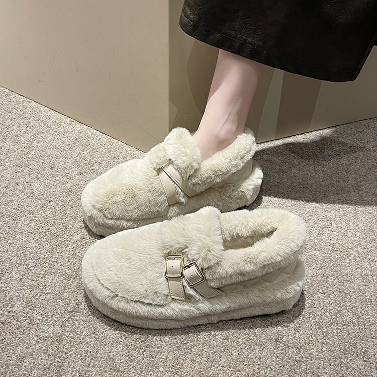 Rudens un ziemas ādas apavi sievietēm, 2024. gada jaunas universālas biezas zoles cepures tipa apavi, interneta slavenības plus samta kokvilnas kurpes