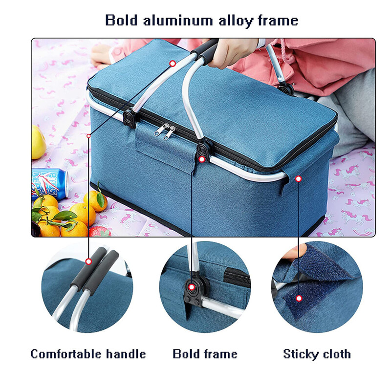 Izolēts piknika grozs Pārnēsājami saliekami pārtikas preču maisiņi Necaurlaidīgs aukstummaisu grozs ar rokturi Liela ietilpība kempinga ceļojumi