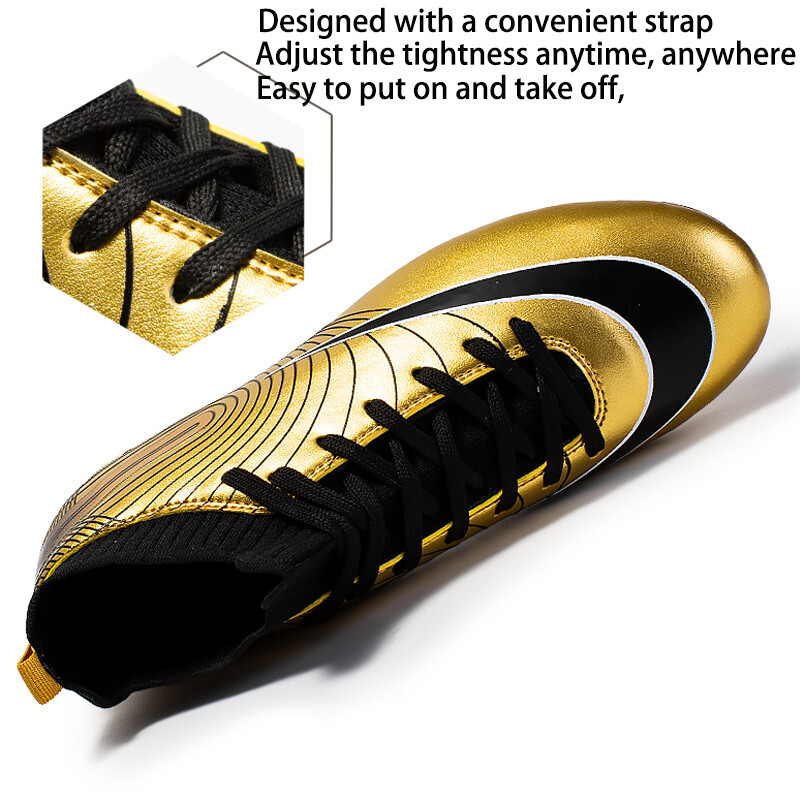 Futbolo batai vyrams Auksiniai, šviesūs, aukšti kulkšnies, vejos futbolo batai vaikams berniukams originalūs neslystantys vidaus treniruočių futbolo sportbačiai