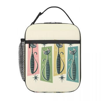 Черна котка Изолирана чанта за обяд Преносима Mid Century Meow Retro Atomic Kitties Thermal Cooler Lunch Tote Office Picnic Travel