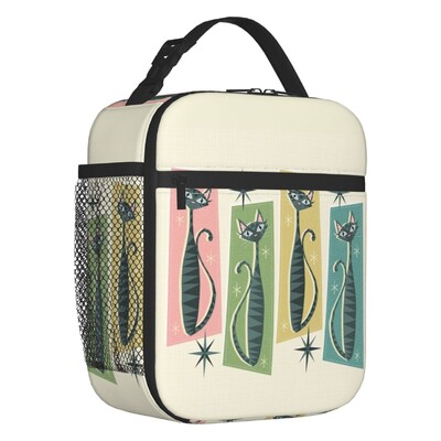 Melna kaķa izolēta pusdienu soma pārnēsājama gadsimta vidus ņau Retro Atomic Kitties termiskais dzesētājs Pusdienu komplekts biroja piknikam