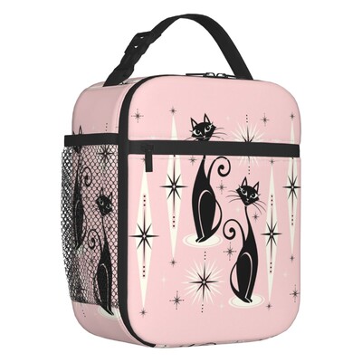 Melna kaķa izolēta pusdienu soma pārnēsājama gadsimta vidus ņau Retro Atomic Kitties termiskais dzesētājs Pusdienu komplekts biroja piknikam