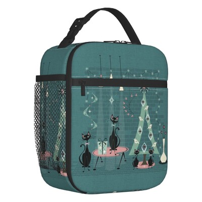 Melna kaķa izolēta pusdienu soma pārnēsājama gadsimta vidus ņau Retro Atomic Kitties termiskais dzesētājs Pusdienu komplekts biroja piknikam