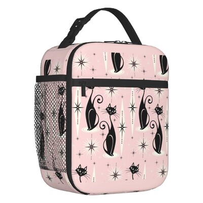 Melna kaķa izolēta pusdienu soma pārnēsājama gadsimta vidus ņau Retro Atomic Kitties termiskais dzesētājs Pusdienu komplekts biroja piknikam