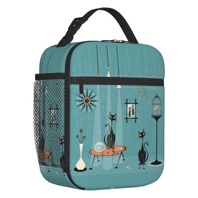 Melna kaķa izolēta pusdienu soma pārnēsājama gadsimta vidus ņau Retro Atomic Kitties termiskais dzesētājs Pusdienu komplekts biroja piknikam