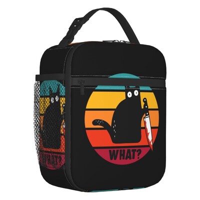 Melna kaķa izolēta pusdienu soma pārnēsājama gadsimta vidus ņau Retro Atomic Kitties termiskais dzesētājs Pusdienu komplekts biroja piknikam