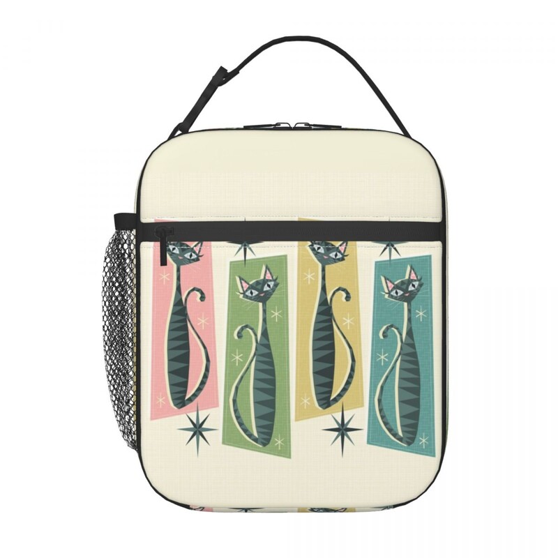 Melna kaķa izolēta pusdienu soma pārnēsājama gadsimta vidus ņau Retro Atomic Kitties termiskais dzesētājs Pusdienu komplekts biroja piknikam