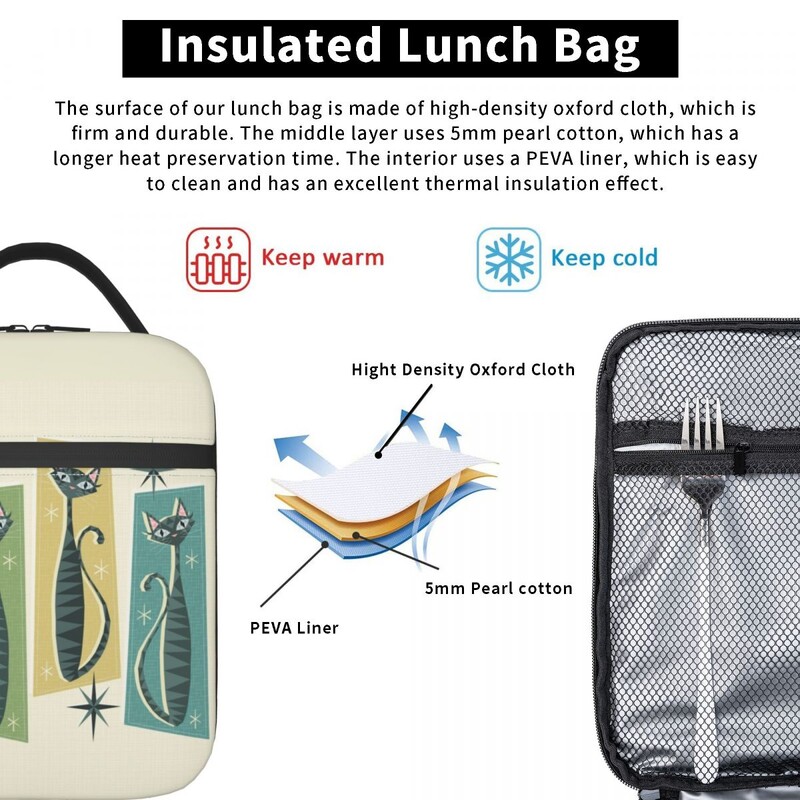 Melna kaķa izolēta pusdienu soma pārnēsājama gadsimta vidus ņau Retro Atomic Kitties termiskais dzesētājs Pusdienu komplekts biroja piknikam