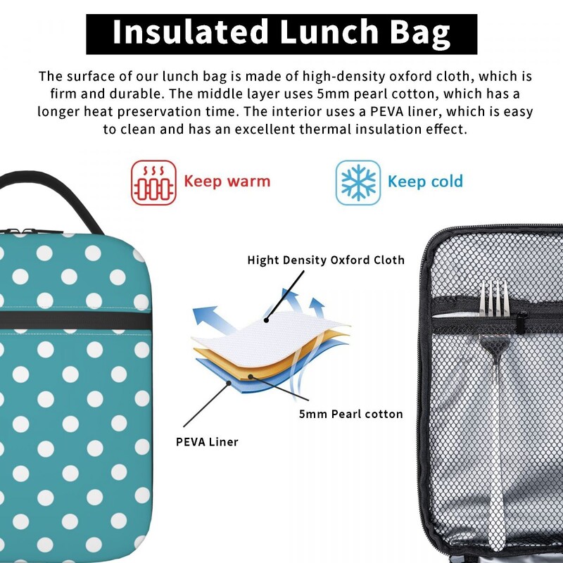 Mätovo zelený a biely bodkovaný vzor, tepelne izolovaná obedárová taška, prenosná obedárová nádoba do tábora, multifunkčná potravinová krabica