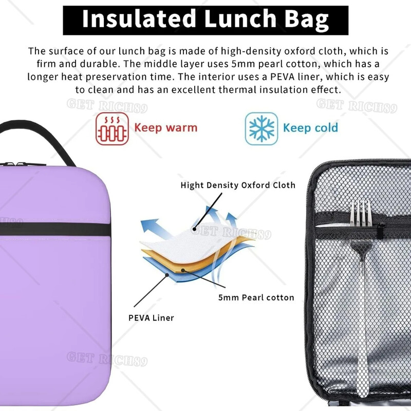 Svetlo fialová jednofarebná izolovaná farebná obedárová taška pre tínedžerov, deti, chlapcov, dievčatá, ženy, školu, prácu, kanceláriu, domácnosť, opakovane použiteľná obedárová krabička