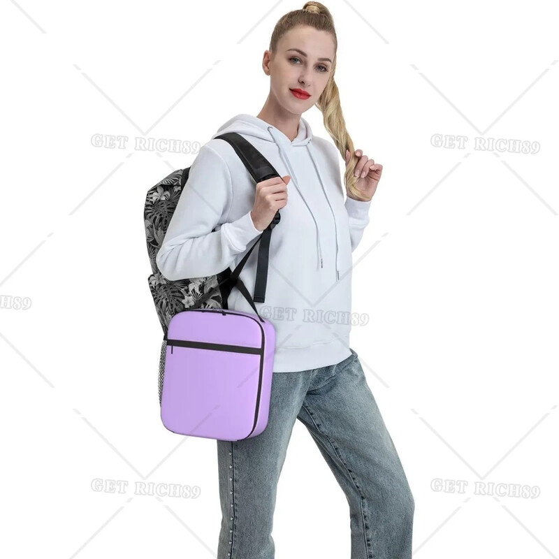 Svetlo fialová jednofarebná izolovaná farebná obedárová taška pre tínedžerov, deti, chlapcov, dievčatá, ženy, školu, prácu, kanceláriu, domácnosť, opakovane použiteľná obedárová krabička