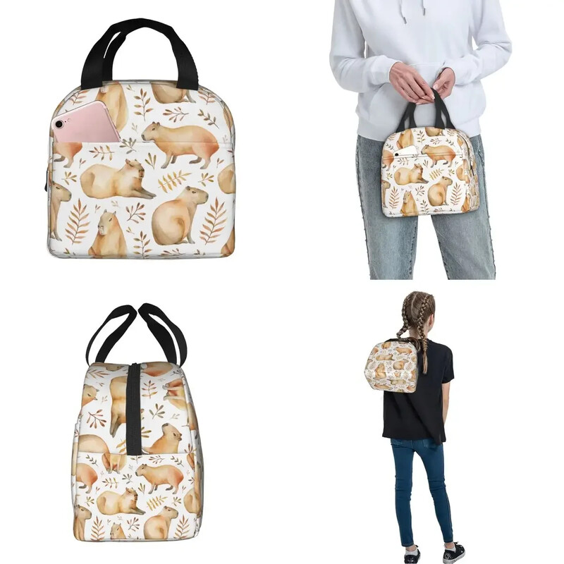 Besiūliai kapibarai ir lapai izoliuoti pietų krepšiai terminiai maišeliai priešpiečių talpykla Nešiojama kuprinė priešpiečių dėžutė maisto laikymo krepšiai piknikas