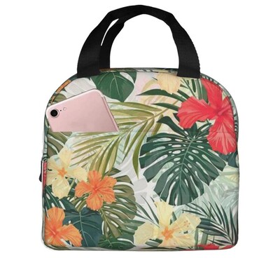 Raudonas Hibiscus Didelis Izoliuotas priešpiečių Krepšys Mėlyni atogrąžų lapai Havajų gėlių pietų dėžutė berniukams Mergaitėms Vyrams Moterims Darbas Shcool Picnic