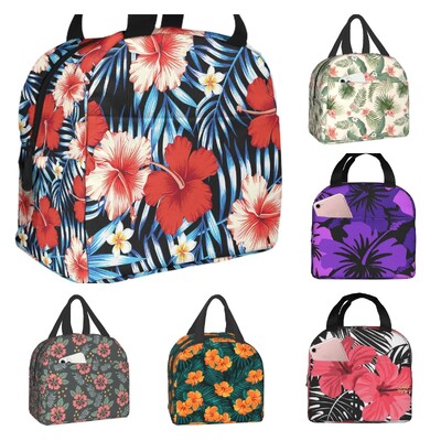 Raudonas Hibiscus Didelis Izoliuotas priešpiečių Krepšys Mėlyni atogrąžų lapai Havajų gėlių pietų dėžutė berniukams Mergaitėms Vyrams Moterims Darbas Shcool Picnic