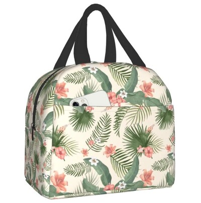 Raudonas Hibiscus Didelis Izoliuotas priešpiečių Krepšys Mėlyni atogrąžų lapai Havajų gėlių pietų dėžutė berniukams Mergaitėms Vyrams Moterims Darbas Shcool Picnic