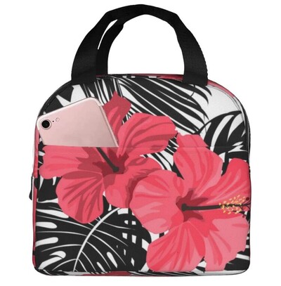 Raudonas Hibiscus Didelis Izoliuotas priešpiečių Krepšys Mėlyni atogrąžų lapai Havajų gėlių pietų dėžutė berniukams Mergaitėms Vyrams Moterims Darbas Shcool Picnic