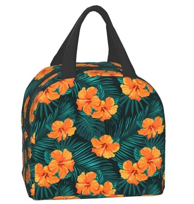 Raudonas Hibiscus Didelis Izoliuotas priešpiečių Krepšys Mėlyni atogrąžų lapai Havajų gėlių pietų dėžutė berniukams Mergaitėms Vyrams Moterims Darbas Shcool Picnic