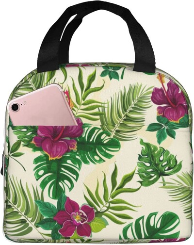 Raudonas Hibiscus Didelis Izoliuotas priešpiečių Krepšys Mėlyni atogrąžų lapai Havajų gėlių pietų dėžutė berniukams Mergaitėms Vyrams Moterims Darbas Shcool Picnic