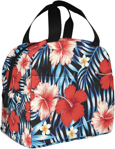 Raudonas Hibiscus Didelis Izoliuotas priešpiečių Krepšys Mėlyni atogrąžų lapai Havajų gėlių pietų dėžutė berniukams Mergaitėms Vyrams Moterims Darbas Shcool Picnic