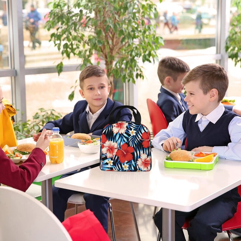 Raudonas Hibiscus Didelis Izoliuotas priešpiečių Krepšys Mėlyni atogrąžų lapai Havajų gėlių pietų dėžutė berniukams Mergaitėms Vyrams Moterims Darbas Shcool Picnic