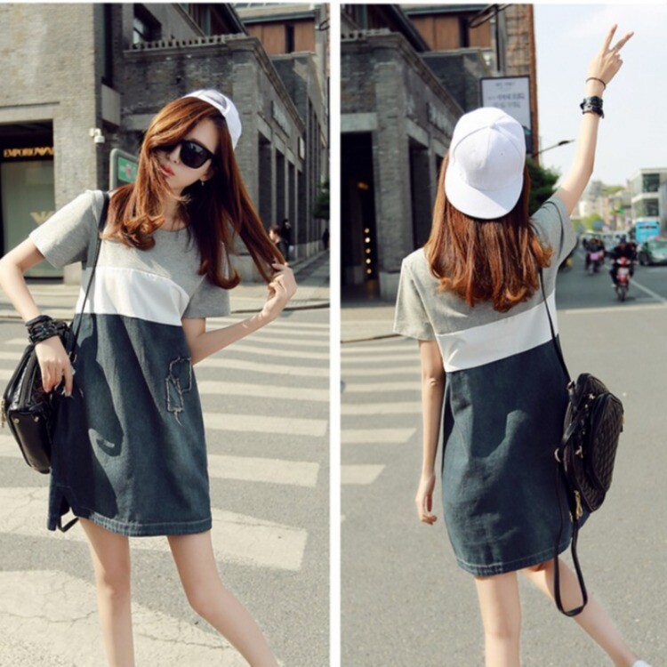 2021. gada jauns korejiešu stila melnbalts ar īsām piedurknēm lielizmēra džinsa kleita, universāli plāni gurnu svārki