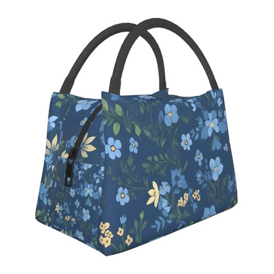 Gražus mėlynų gėlių priešpiečių krepšys, skirtas vaikui su gėlių raštu pietų dėžutė Mielas pikniko aušintuvo krepšys Nešiojami užtrauktuku Oksfordo nešiojami maisto maišeliai