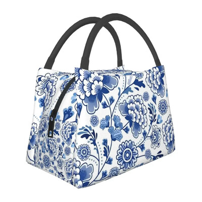 Gražus mėlynų gėlių priešpiečių krepšys, skirtas vaikui su gėlių raštu pietų dėžutė Mielas pikniko aušintuvo krepšys Nešiojami užtrauktuku Oksfordo nešiojami maisto maišeliai