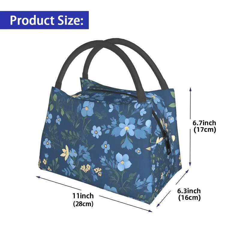 Gražus mėlynų gėlių priešpiečių krepšys, skirtas vaikui su gėlių raštu pietų dėžutė Mielas pikniko aušintuvo krepšys Nešiojami užtrauktuku Oksfordo nešiojami maisto maišeliai