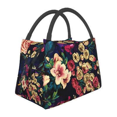 Rožių gėlių raštų pietų krepšys Retro gėlės mokyklinė priešpiečių dėžutė moterims Kasdieniai spausdinti terminiai pietų krepšiai Oksfordo šaltkrepšys