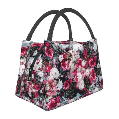 Rožių gėlių raštų pietų krepšys Retro gėlės mokyklinė priešpiečių dėžutė moterims Kasdieniai spausdinti terminiai pietų krepšiai Oksfordo šaltkrepšys