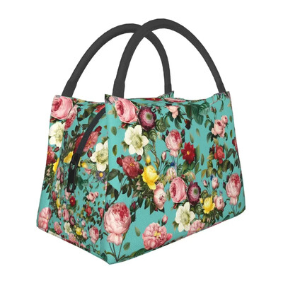 Rožių gėlių raštų pietų krepšys Retro gėlės mokyklinė priešpiečių dėžutė moterims Kasdieniai spausdinti terminiai pietų krepšiai Oksfordo šaltkrepšys