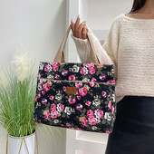 Bento kott piknikureiside jaoks, moodne lillemustriga kandekott, kaasaskantav lõuendist söögikott, naiste vabaaja käekott