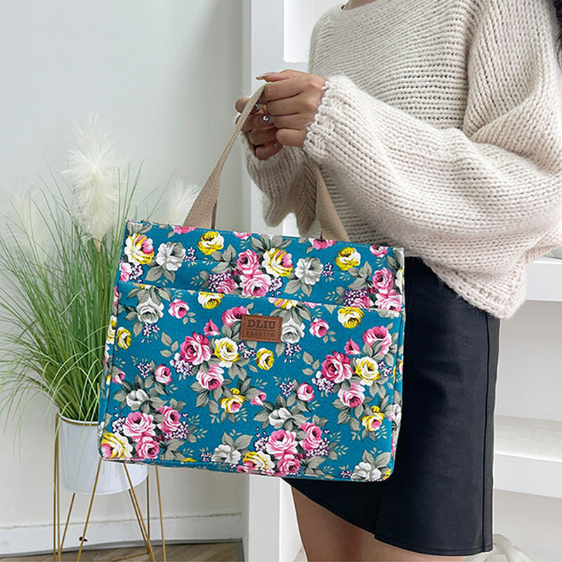 Bento kott piknikureiside jaoks, moodne lillemustriga kandekott, kaasaskantav lõuendist söögikott, naiste vabaaja käekott