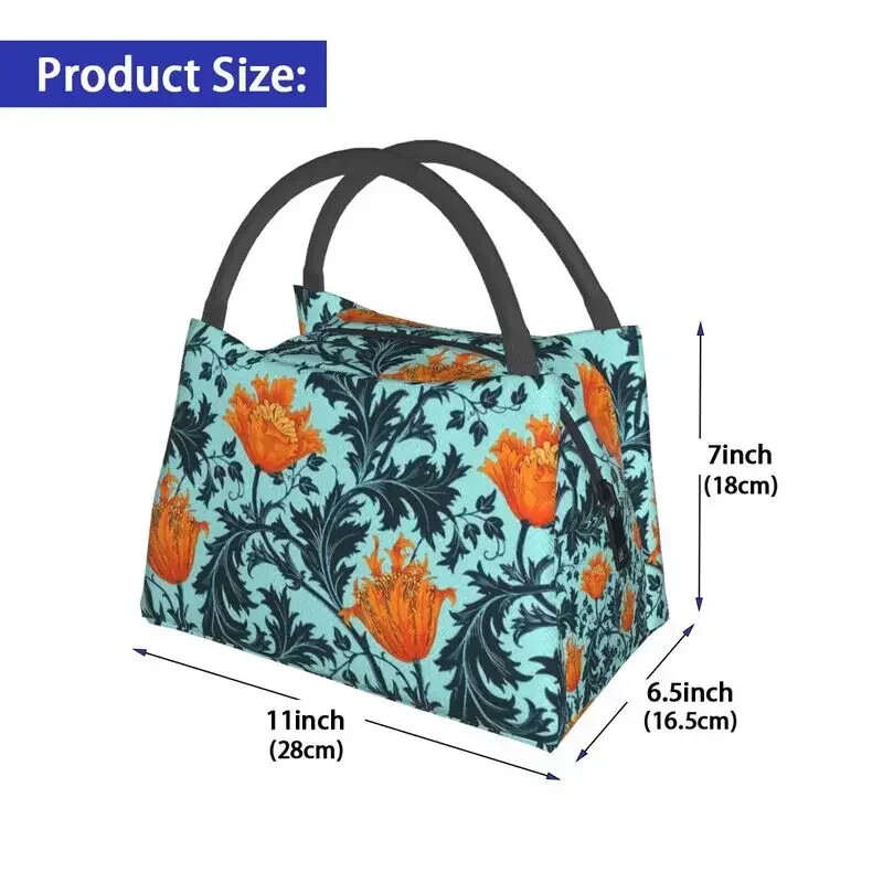William Morris Anemone izolētas pusdienu somas sievietēm Resuable Indigo Blue un Coral Thermal Cooler pusdienu kastes piknika ceļojumi