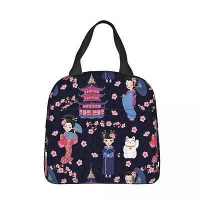 Apanese Dolls Navy szigetelt ebédtáska Hordozható Kokeshi étkezési konténer termikus táska Ebéddoboz Munkahelyi piknik élelmiszertároló táskák