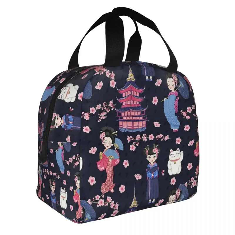 Apanese Dolls Navy szigetelt ebédtáska Hordozható Kokeshi étkezési konténer termikus táska Ebéddoboz Munkahelyi piknik élelmiszertároló táskák