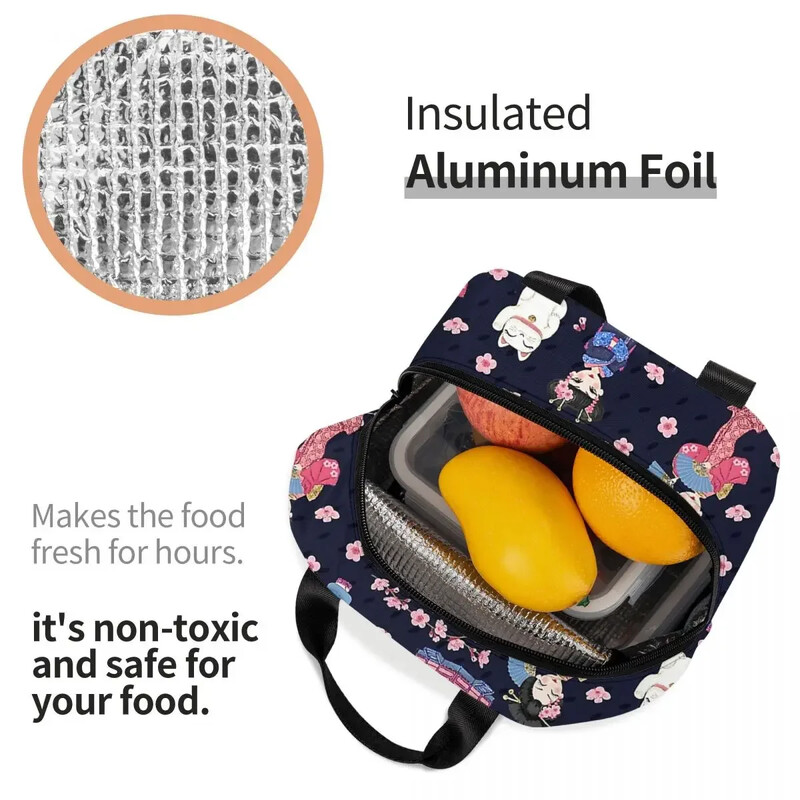 Apanese Dolls Navy szigetelt ebédtáska Hordozható Kokeshi étkezési konténer termikus táska Ebéddoboz Munkahelyi piknik élelmiszertároló táskák