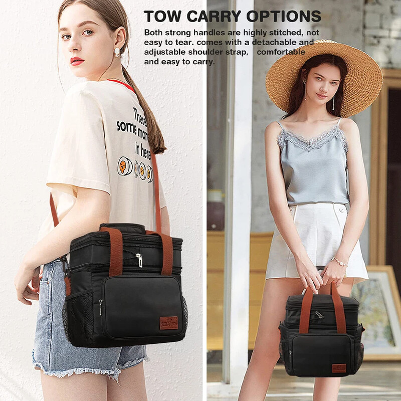 Izvelkama izolēta liela pusdienu kaste divstāvu lieljaudas piknika somas necaurlaidīgas dzesēšanas somas kempingiem pārgājienu gatavošanas piederumi