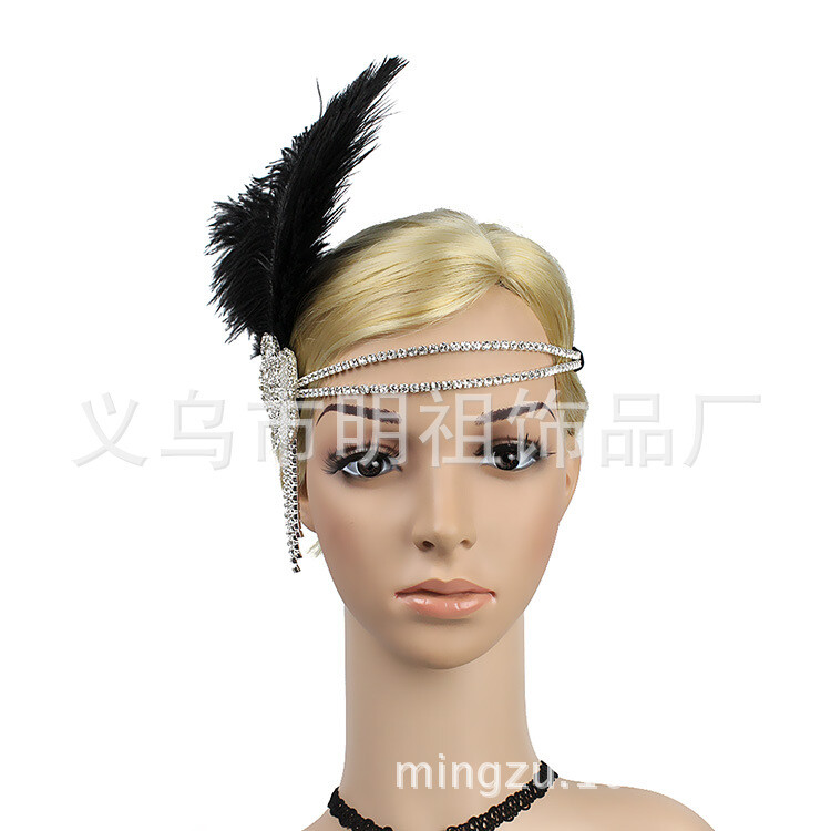 Retro Diamond Headband 1920`s Black Headband Μαύρη φούντα με φούντα χτένισμα για νυφικό μπαλάκι