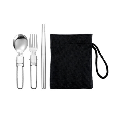 Cestovná sada so sieťovaným vreckom, 5 ks, nerezový príbor, lyžica, vidlička, paličky, sada nožov, stolový riad, prenosný domáci kempingový riad