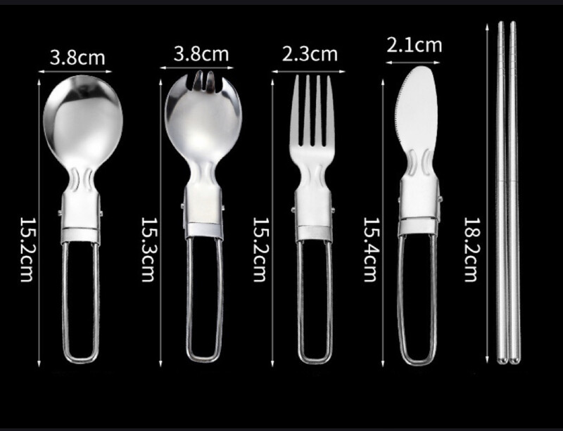Cestovná sada so sieťovaným vreckom, 5 ks, nerezový príbor, lyžica, vidlička, paličky, sada nožov, stolový riad, prenosný domáci kempingový riad