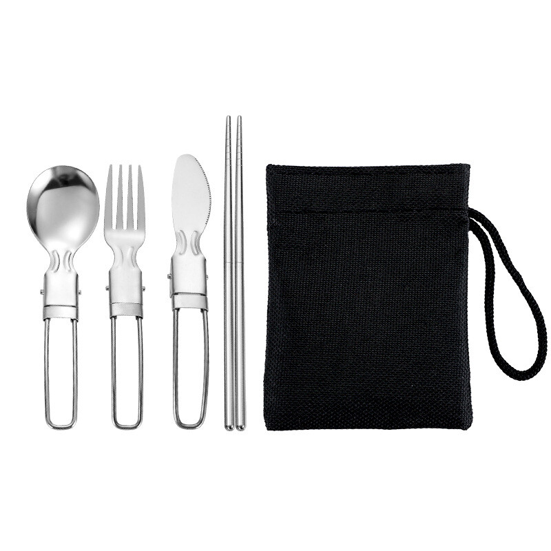 Cestovná sada so sieťovaným vreckom, 5 ks, nerezový príbor, lyžica, vidlička, paličky, sada nožov, stolový riad, prenosný domáci kempingový riad