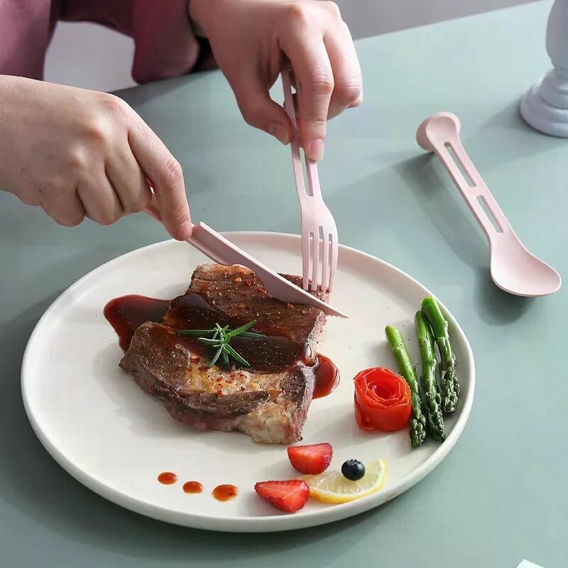 3 gab. Pārnēsājams galda piederumu komplekts Kviešu salmu trauku trauki noņemami galda piederumi ceļojumu galda piederumi piknika trauku komplekts kempinga galda piederumu komplekts